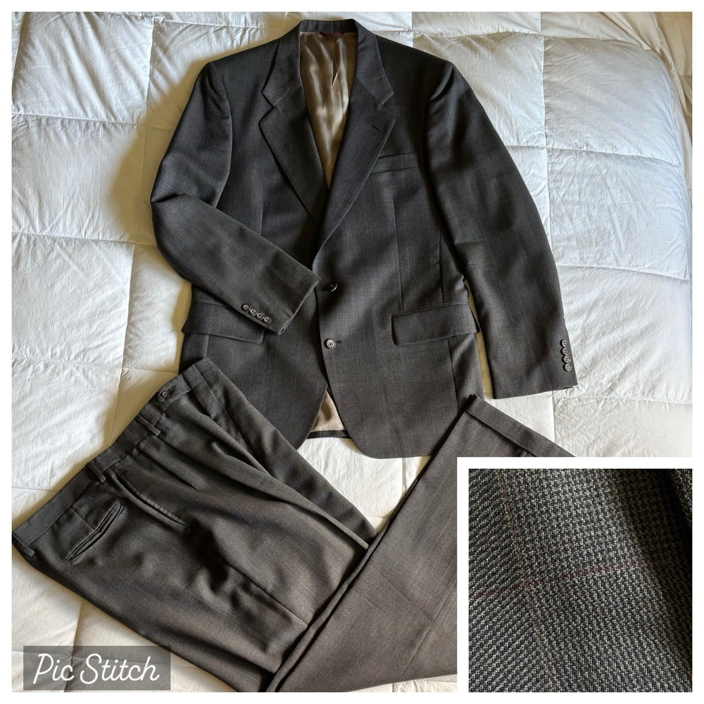 Jos A Bank Suit Men 42L 36x32 Gray Taupe Puppytooth Wool Union USA Trad Academia
